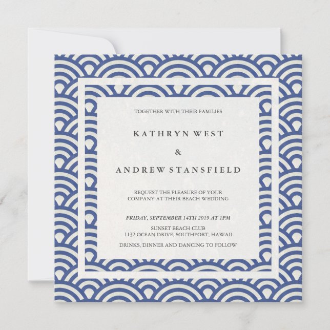 Invitación Olas estilizadas azules y blancas Elegante Boda Pl (Anverso)