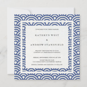 Invitación Olas estilizadas azules y blancas Elegante Boda Pl