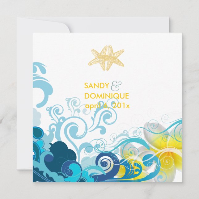 Invitación Olas retro PixDezines, plumeria+starfish+playa (Anverso)