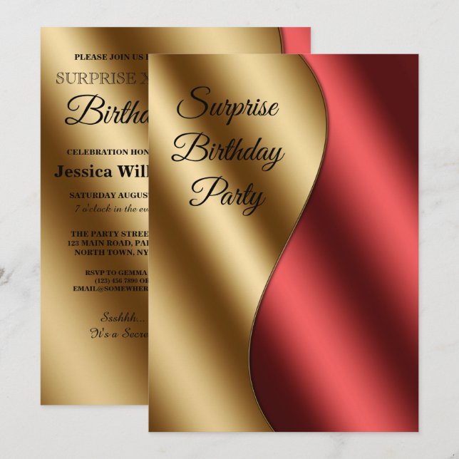 Invitación Olas Rojas y Doradas Románticas Sorpresa de Cumple (Anverso / Reverso)