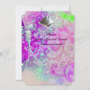 INVITACIÓN OLAS ROSADAS MORADAS, CABALLITOS DE MAR, CONCHAS,