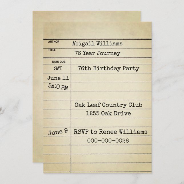 Invitación Old Library Card 76th Birthday Party (Anverso / Reverso)