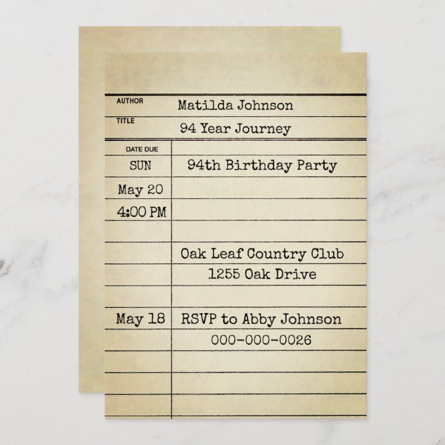 Invitación Old Library Card 94th Birthday Party (Anverso / Reverso)