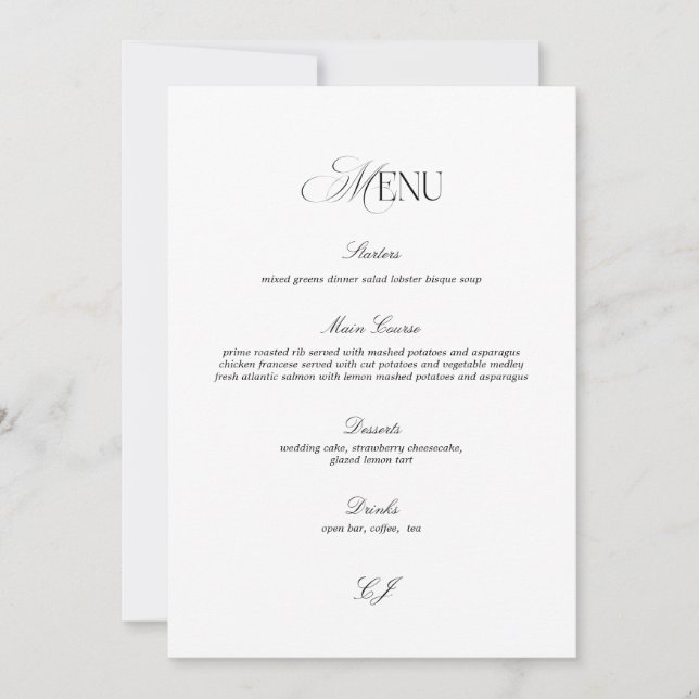 Invitación Old Money Black and White Wedding Menu Card (Anverso)