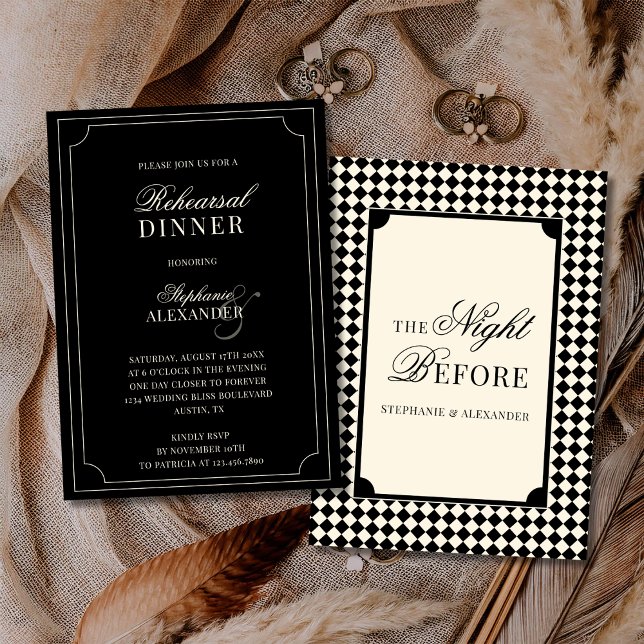 Invitación Old Money Black Ivory Checkered Rehearsal Dinner  (Subido por el creador)