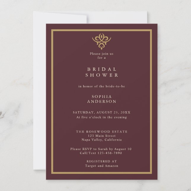 Invitación Old Money Burgundy Bridal Shower  (Anverso)