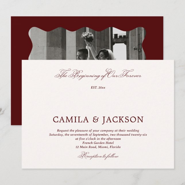 Invitación  Old Money Burgundy Wedding  (Anverso / Reverso)
