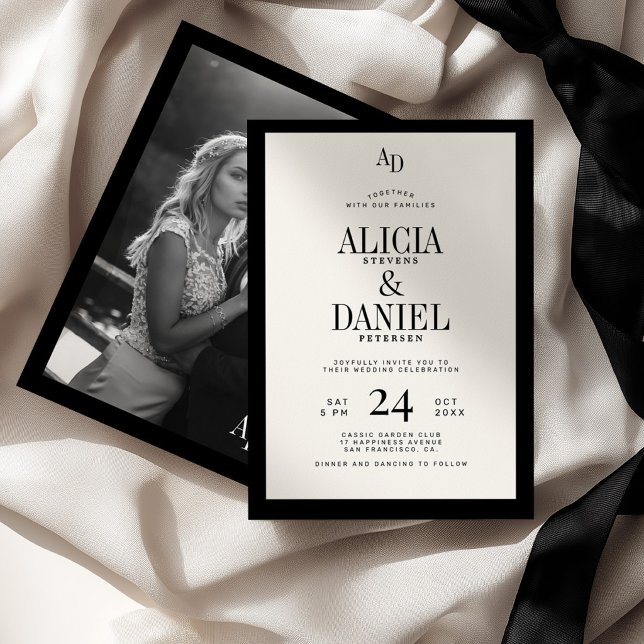 Invitación Old money classic ivory cream black photo wedding (Subido por el creador)
