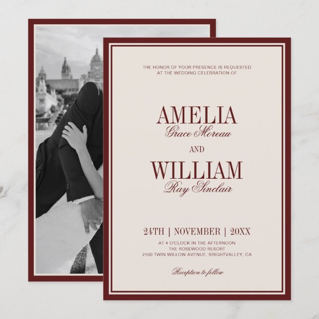 Invitación Old Money Classic Luxury Burgundy Photo Wedding (Anverso / Reverso)