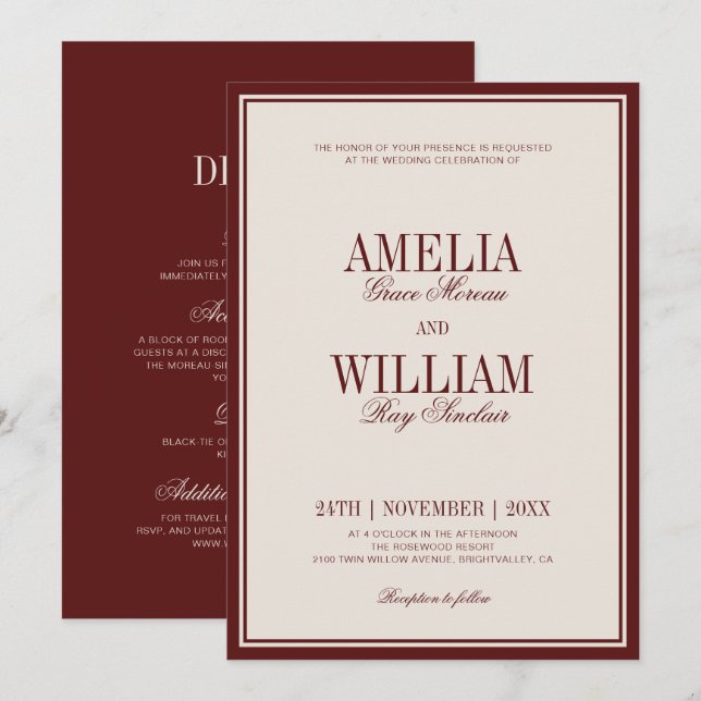Invitación Old Money Classy Timeless Burgundy Wedding (Anverso / Reverso)