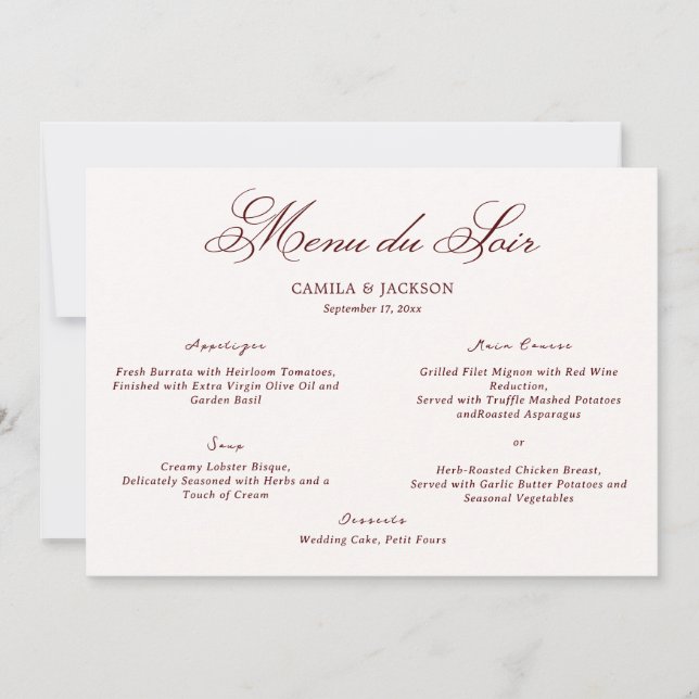 Invitación Old Money Ivory & Burgundy Wedding Menu Card (Anverso)