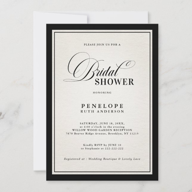 Invitación Old Money Modern Formal Black chic Bridal Shower  (Anverso)