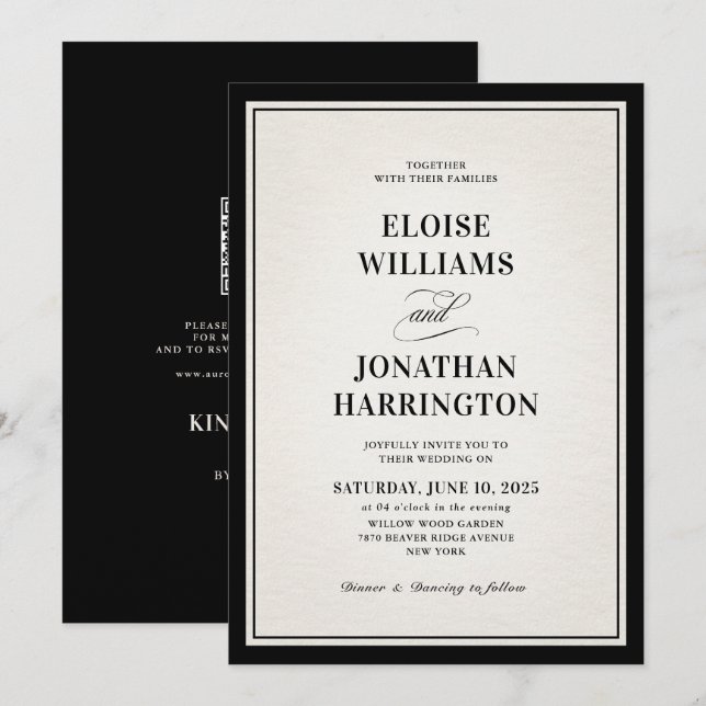 Invitación Old Money Modern Formal Black QR Code Chic Wedding (Anverso / Reverso)