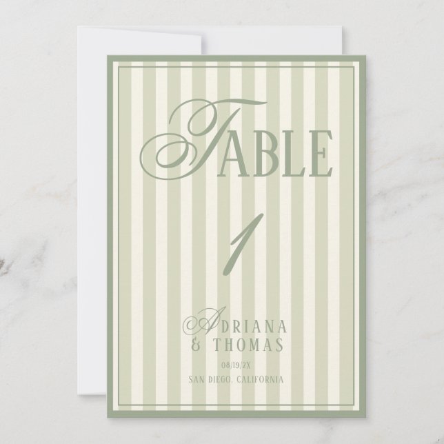 Invitación Old Money Pastel Green Wedding Table Number (Anverso)