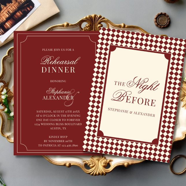 Invitación Old Money Red & Ivory Checkered Rehearsal Dinner  (Subido por el creador)