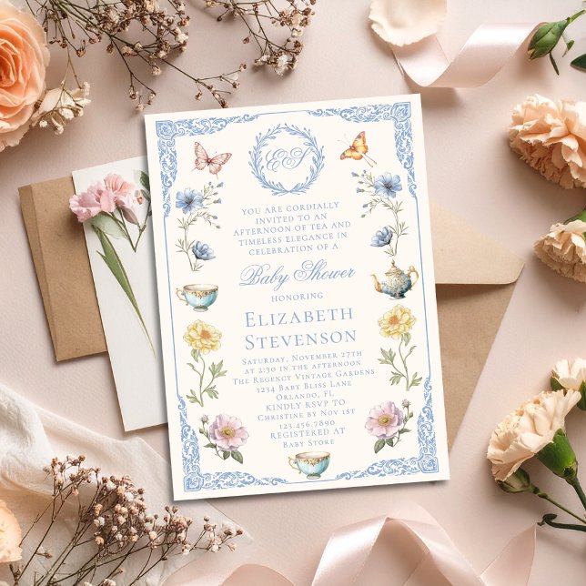 Invitación Old Money Regency Floral Tea Party Boy Baby Shower (Subido por el creador)
