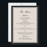 Invitación Old Money Wedding Classic Menu Card<br><div class="desc">Old Money Wedding menu card designed for a chic and timeless luxury reception. This elegant black classic menu reflects the quiet luxury aesthetic adored by sophisticated brides planning refined estate or European-inspired celebrations. Perfect for black-tie dinners, garden estates, or candlelit receptions. Style with linen table runners, wax seals, or calligraphy...</div>