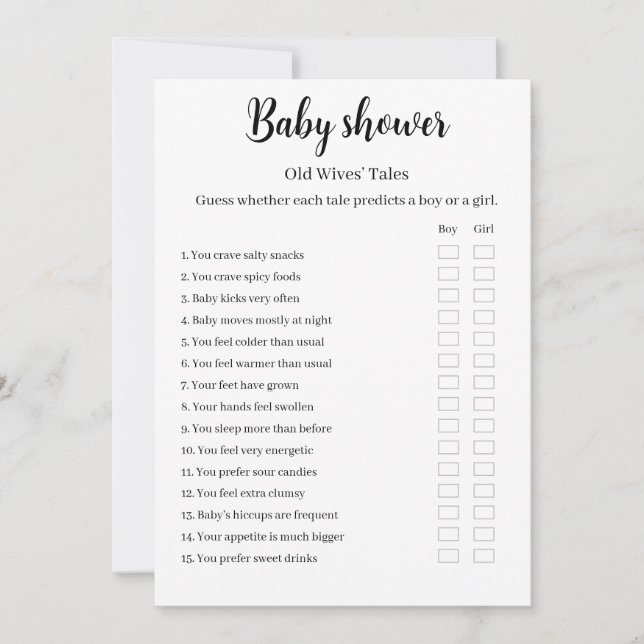 Invitación Old Wives Tales Baby Shower Game, (Anverso)