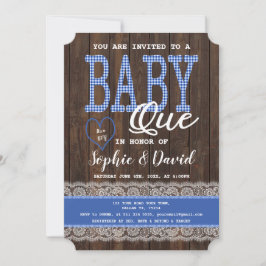 Invitación Old Wood Blue Gingham Boy Baby Shower BBQ