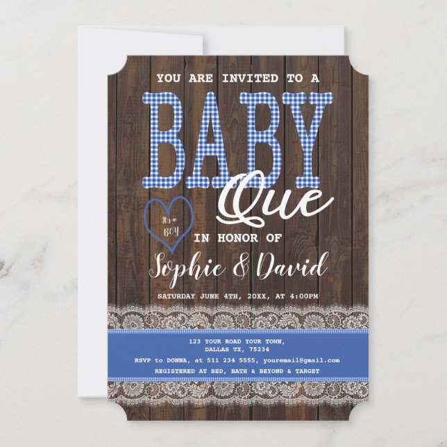 Invitación Old Wood Blue Gingham Boy Baby Shower BBQ (Anverso)