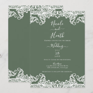 Invitación Oliva Rústica Encaje Blanco Elegante Boda