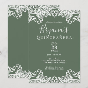 Invitación Oliva Rústica y Encaje Blanco Elegante Quinceañera