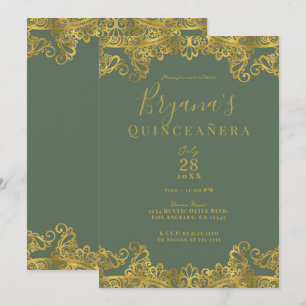 Invitación Oliva Rústica y Encaje Dorado Elegante Quinceañera