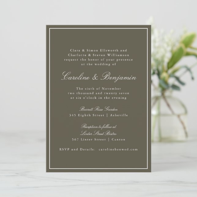 Invitación Olive Classic Border Script Elegant Wedding RSVP (Anverso de pie)