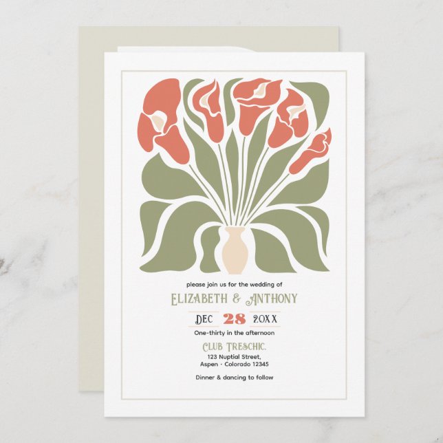 Invitación Olive & Coral Clay Abstract Floral Boho Wedding (Anverso / Reverso)