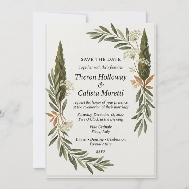 Invitación Olive & Cypress Botánico Elegante Salva la Fecha (Anverso)