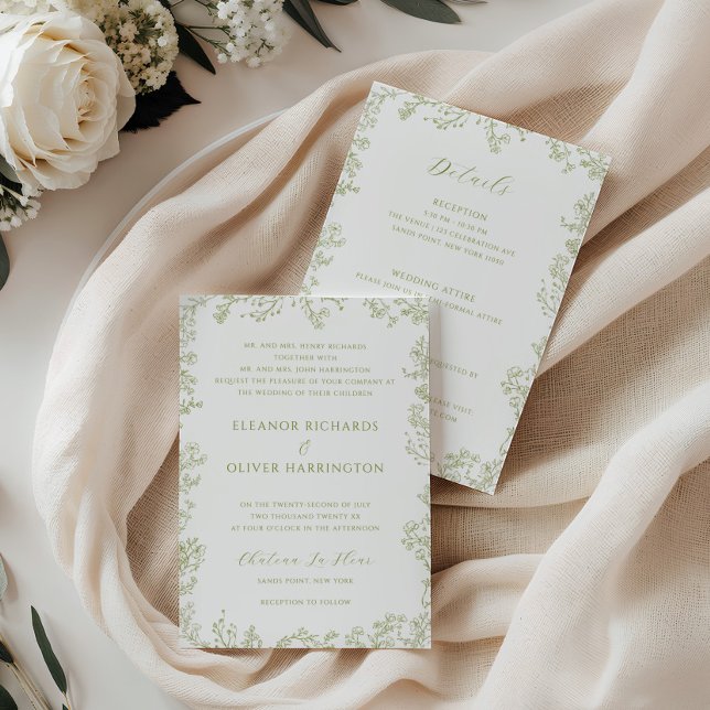 Invitación Olive Floral Line Art Border All-in-one Wedding (Subido por el creador)