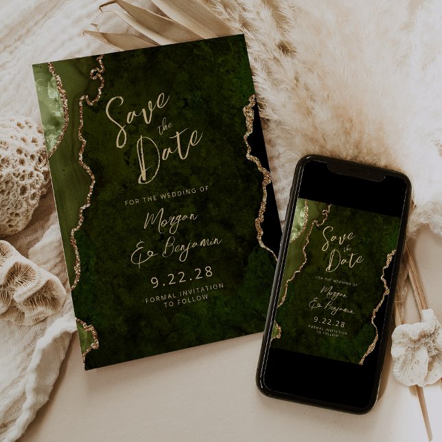 Invitación Olive Green Agate Script Wedding Save the Date (Subido por el creador)
