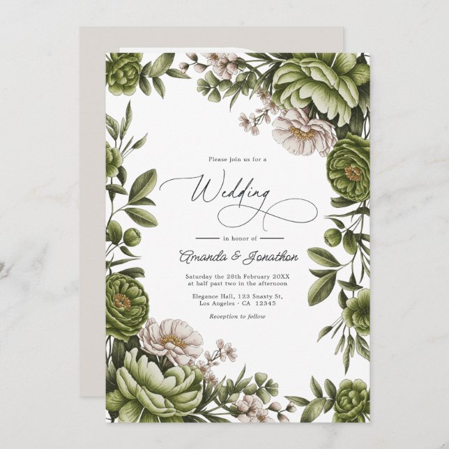 Invitación Olive Green and Neutral Floral Wedding QR Code (Anverso / Reverso)