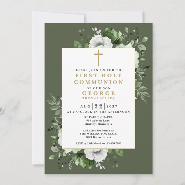 Invitación Olive Green Boho Floral First Holy Communición (Anverso)