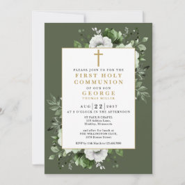 Invitación Olive Green Boho Floral First Holy Communición