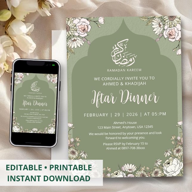 Invitación Olive Green Botanical Islamic Arch Iftar Dinner (Subido por el creador)