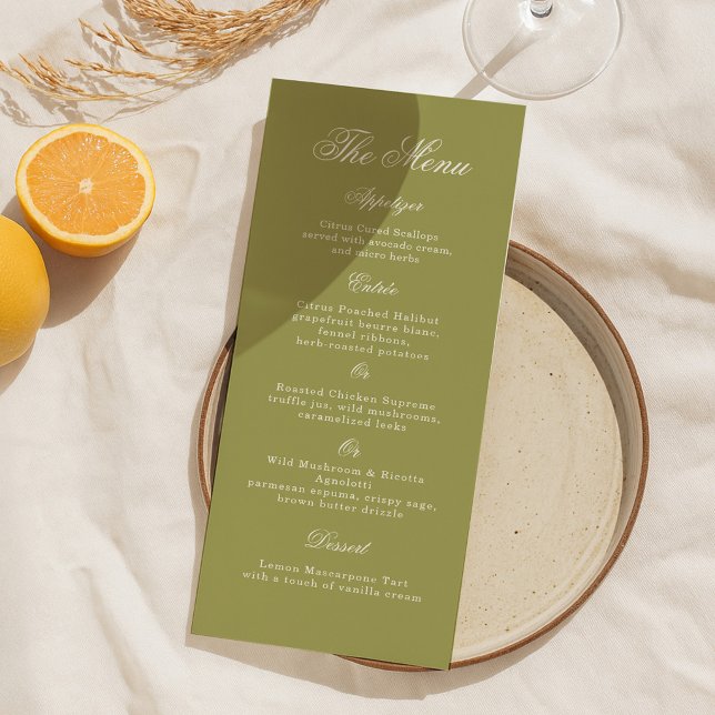 Invitación Olive Green Calligraphy Wedding Long Menu Card (Subido por el creador)