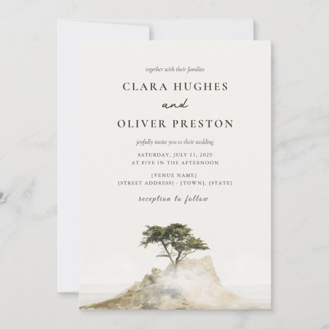 Invitación Olive Green Coastal Mist Script Cypress Wedding  (Anverso)