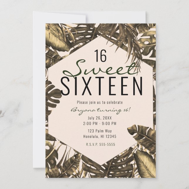 Invitación Olive Green & Cream Tropical Palm Leaves Sweet 16 (Anverso)