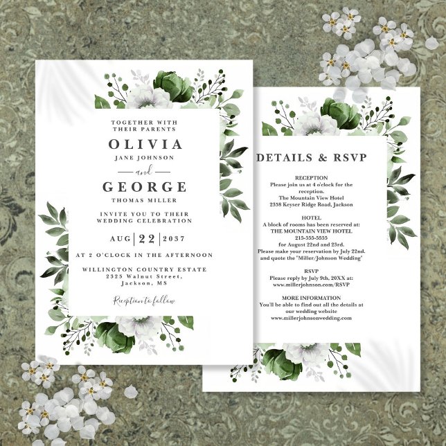 Invitación Olive Green Elegent Floral All In One Boda (Olive Green Elegant Floral All In One Wedding Invitation)