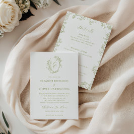 Invitación Olive Green Floral Line Art Monogram Crest Wedding
