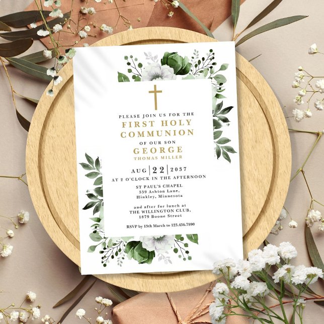 Invitación Olive Green Floral Modern First Holy Communia (Olive Green Floral Modern First Holy Communion Invitation)