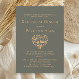 Invitación Olive Green Heart Love Birds Rehearsal Dinner