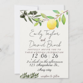 Invitación olive green leaf branch and Lemon wedding