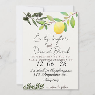 Invitación olive green leaf branch and Lemon wedding