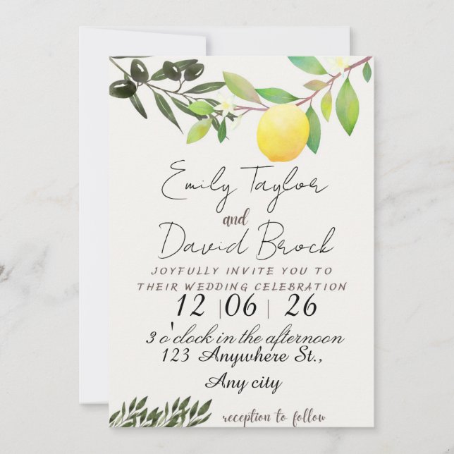Invitación olive green leaf branch and Lemon wedding (Anverso)