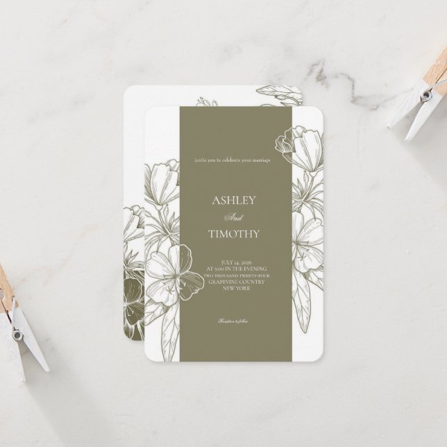 Invitación Olive Green Minimalist Floral Wedding Invitation (Anverso/Reverso In Situ)
