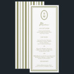 Invitación Olive Green Monogram Long Wedding Menu Card<br><div class="desc">Trending olive green monogram wedding menu for a modern elegant wedding reception. This refined long menu design reflects quiet luxury and modern botanical aesthetics, perfect for the sophisticated contemporary bride planning a vineyard, garden, or coastal celebration. Style with olive linens, gold flatware, and minimalist place settings for a chic editorial...</div>