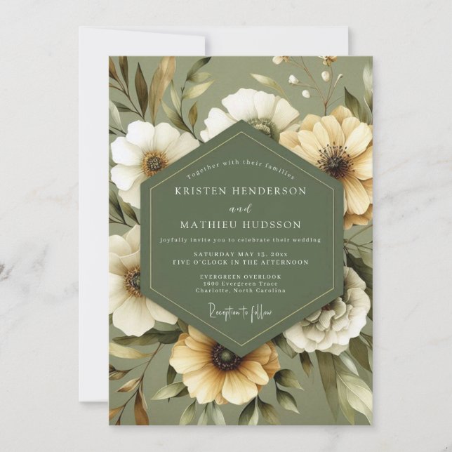 Invitación Olive Green Serene Bloom Wedding (Anverso)