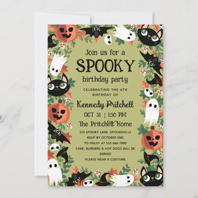 Invitación Olive Green Spooky Halloween Kids Birday Fiesta (Anverso)